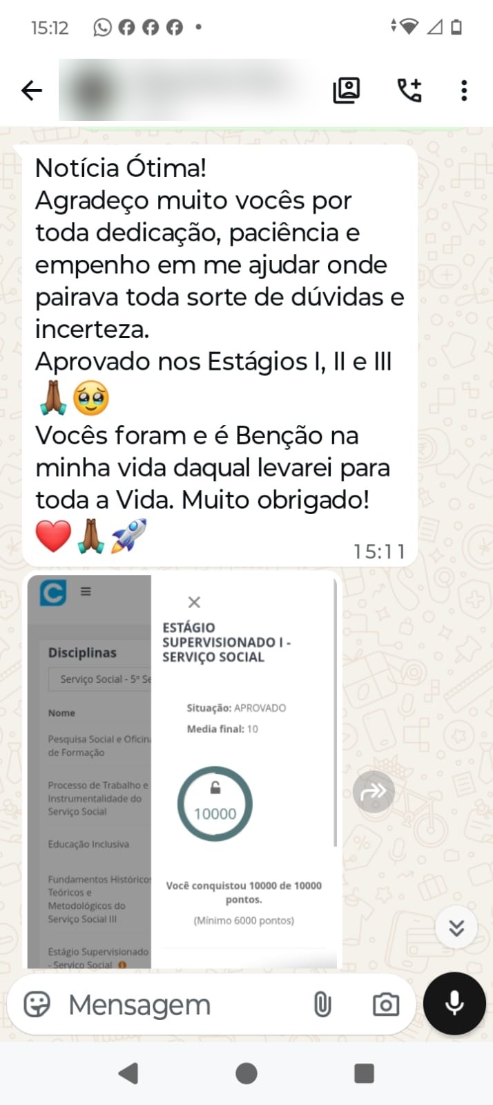 Conversa de WhatsApp: aluno aprovado nos estágios